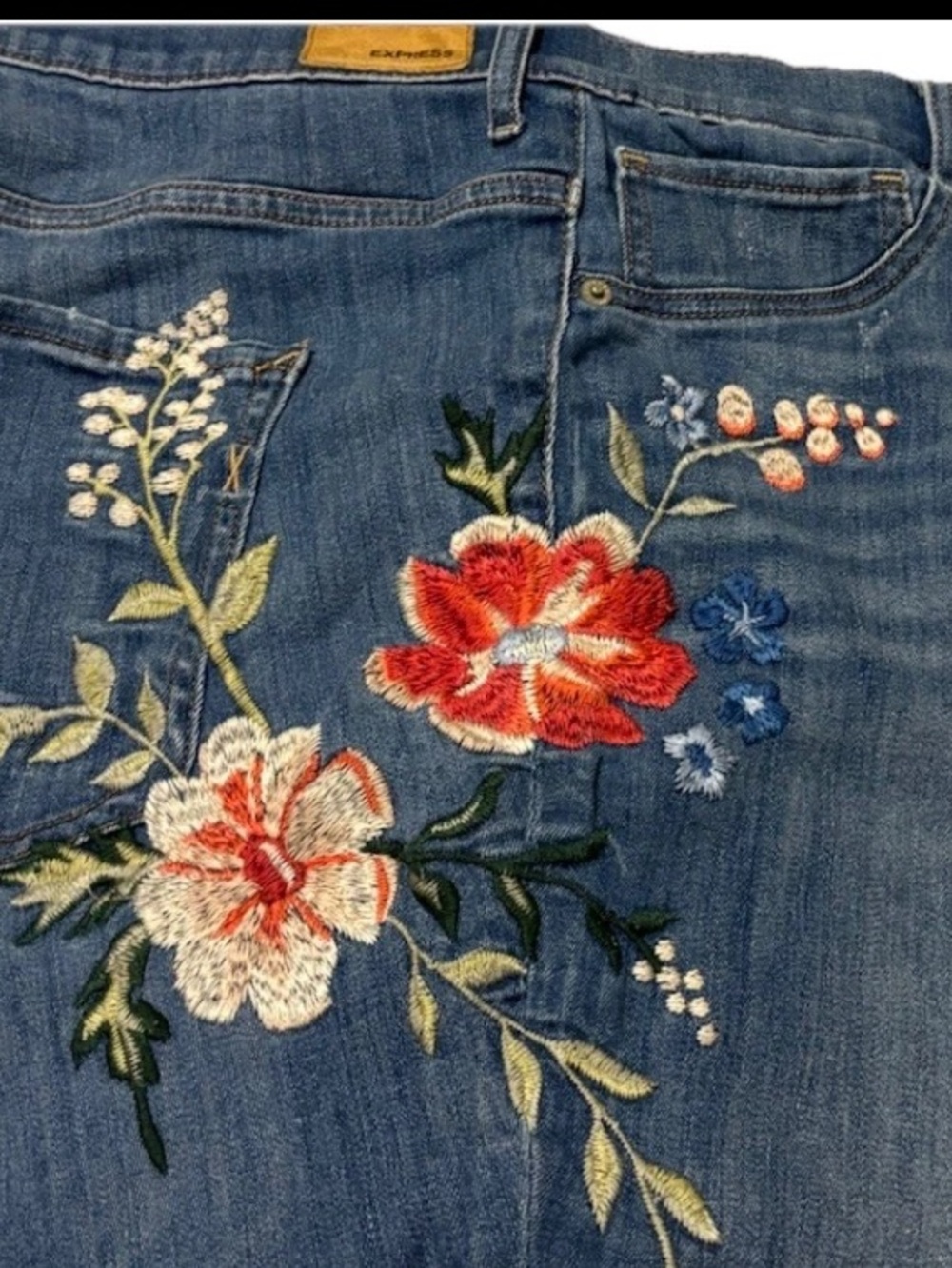 Express Hi Rise Ankle Legging Jeans Floral Embroidery Distressed Raw Hem Stretch